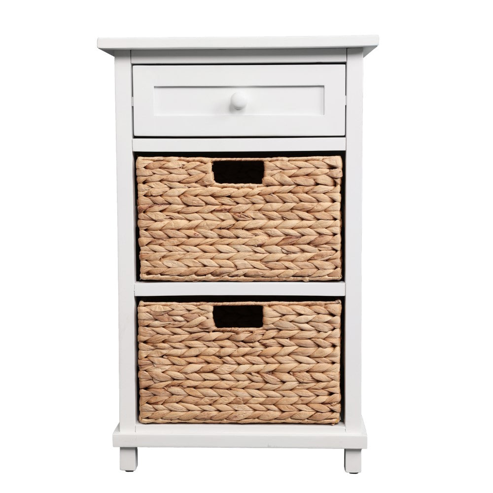 Malibu 26 in. H Rustic Handcrafted Acacia Wood Accent Storage Nightstand with Drawer and 2 Water Hyacinth Woven Baskets
