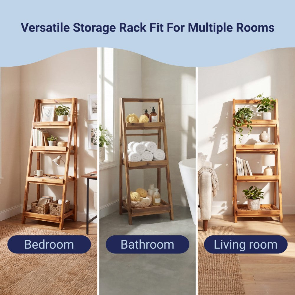 Velric 48 in. H Minimalist Handcrafted Acacia Wood 4-Tier Indoor/Outdoor Folding Display Ladder Storage Rack and Plant Stand