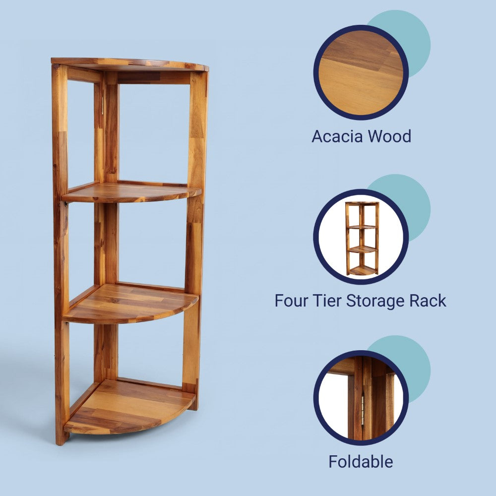 Liora 41 in. H Rustic Handcrafted Acacia Wood 4-Tier Indoor/Outdoor Folding Corner Storage Rack