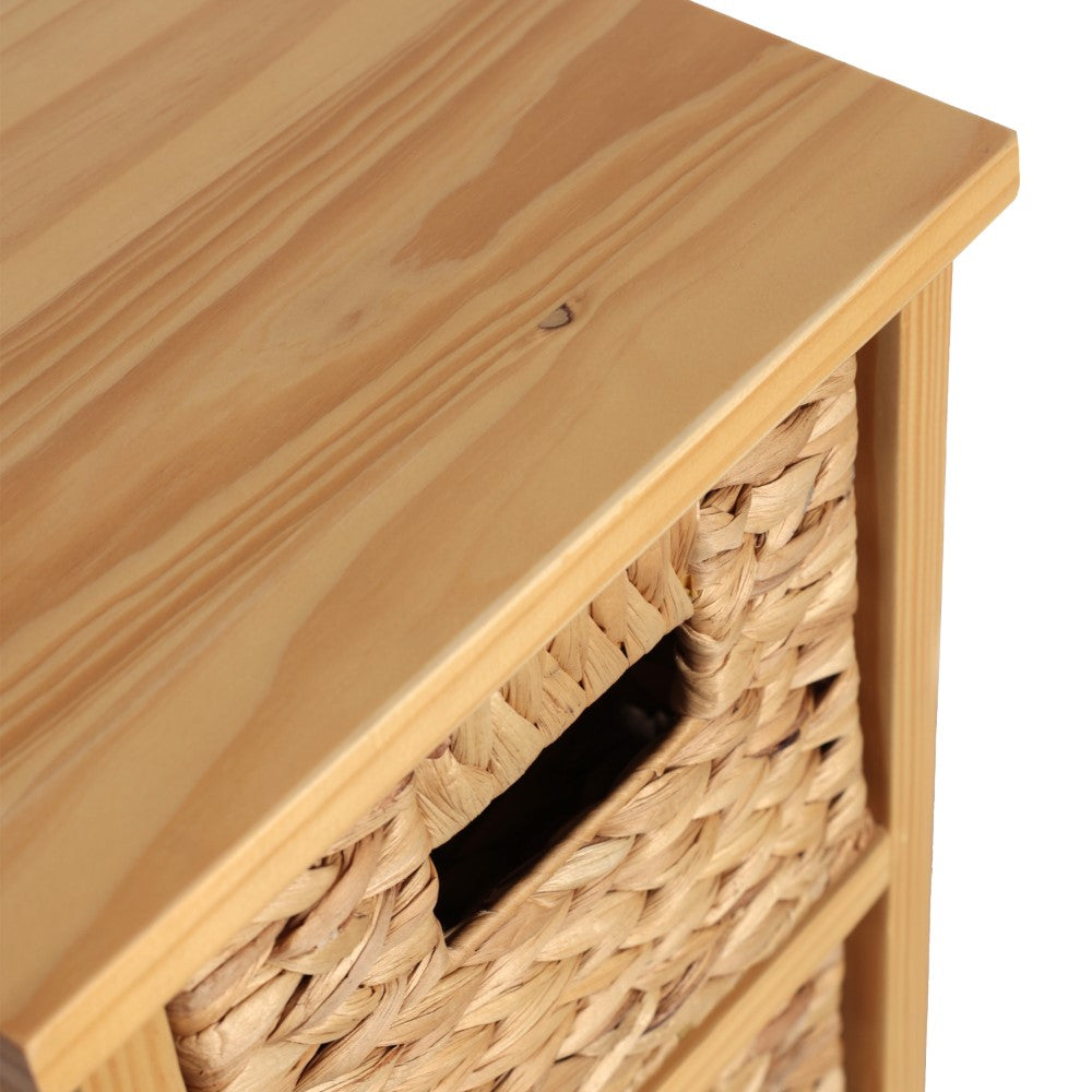 Noren 27.5 in. H Coastal Handcrafted Pine Wood 3-Tier Storage Cabinet with 3 Water Hyacinth Woven Baskets