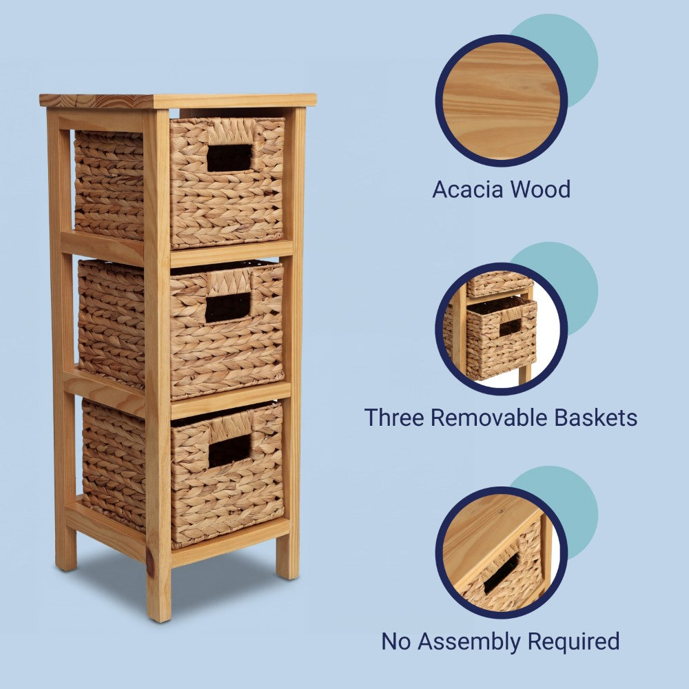 Noren 27.5 in. H Coastal Handcrafted Pine Wood 3-Tier Storage Cabinet with 3 Water Hyacinth Woven Baskets