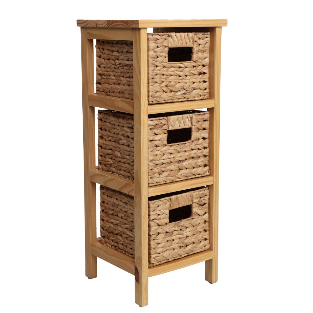 Noren 27.5 in. H Coastal Handcrafted Pine Wood 3-Tier Storage Cabinet with 3 Water Hyacinth Woven Baskets