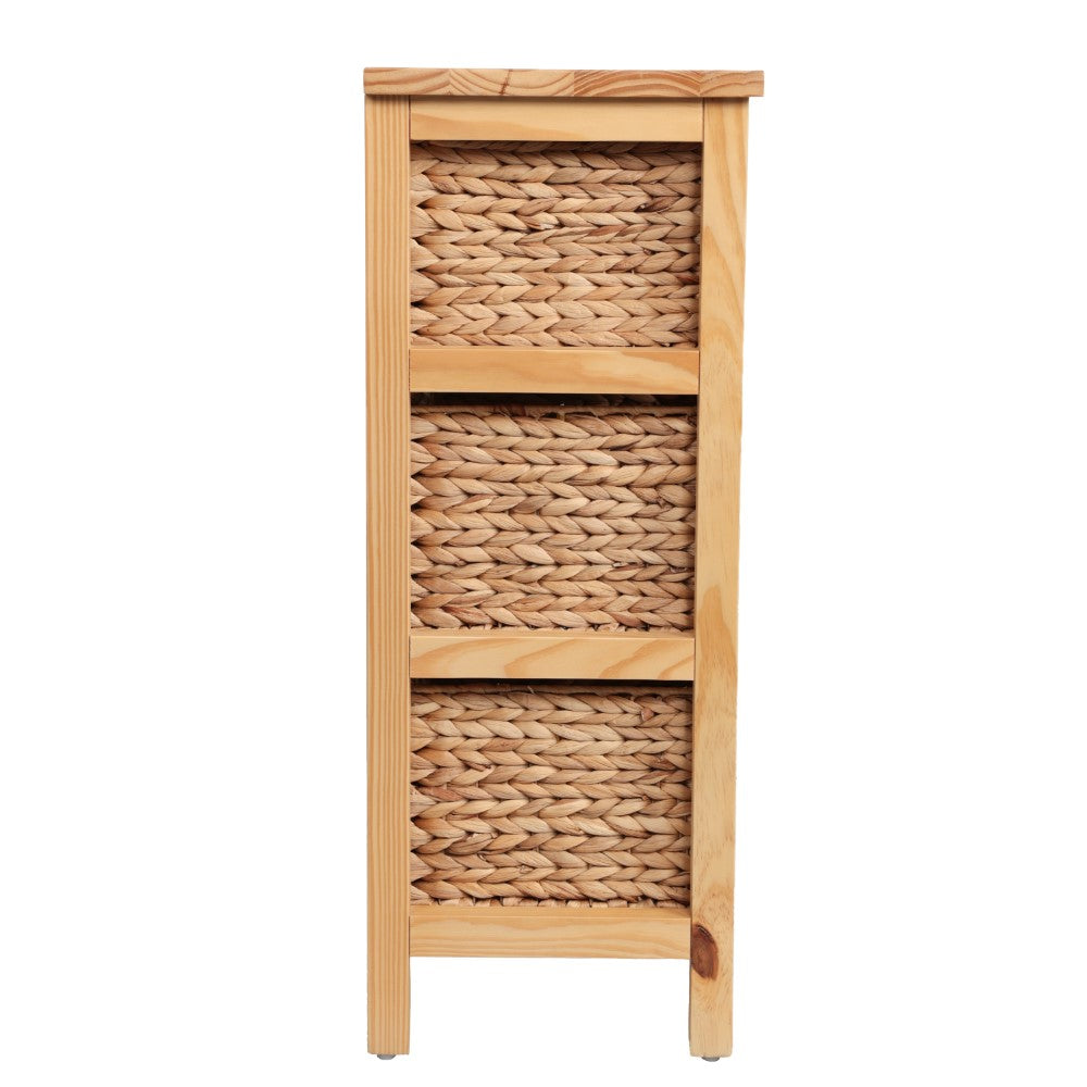Noren 27.5 in. H Coastal Handcrafted Pine Wood 3-Tier Storage Cabinet with 3 Water Hyacinth Woven Baskets