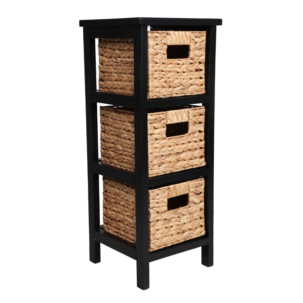 Noren 27.5 in. H Coastal Handcrafted Pine Wood 3-Tier Storage Cabinet with 3 Water Hyacinth Woven Baskets