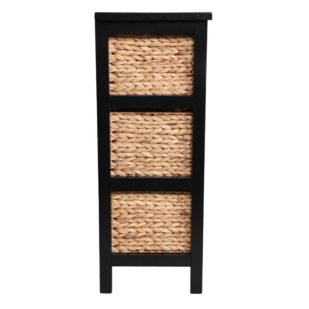 Noren 27.5 in. H Coastal Handcrafted Pine Wood 3-Tier Storage Cabinet with 3 Water Hyacinth Woven Baskets