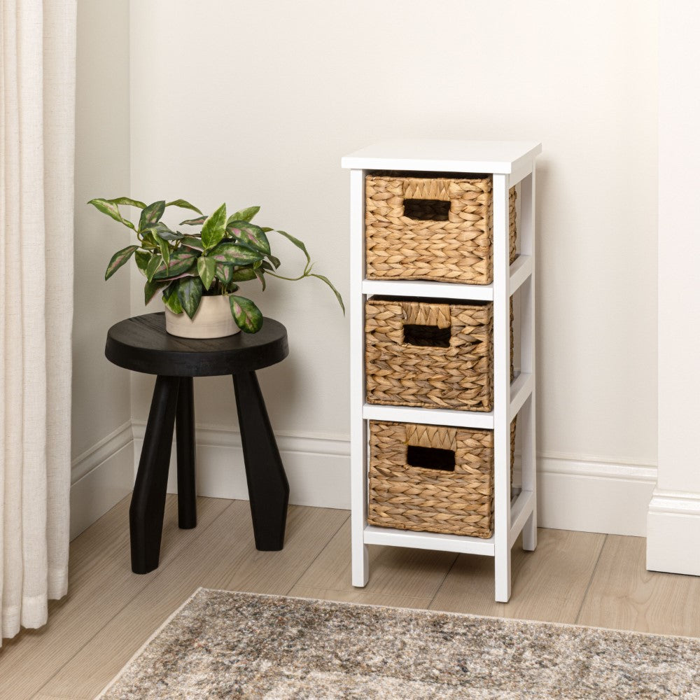 Noren 27.5 in. H Coastal Handcrafted Pine Wood 3-Tier Storage Cabinet with 3 Water Hyacinth Woven Baskets