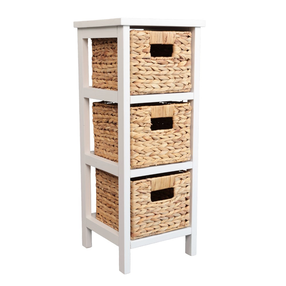 Noren 27.5 in. H Coastal Handcrafted Pine Wood 3-Tier Storage Cabinet with 3 Water Hyacinth Woven Baskets