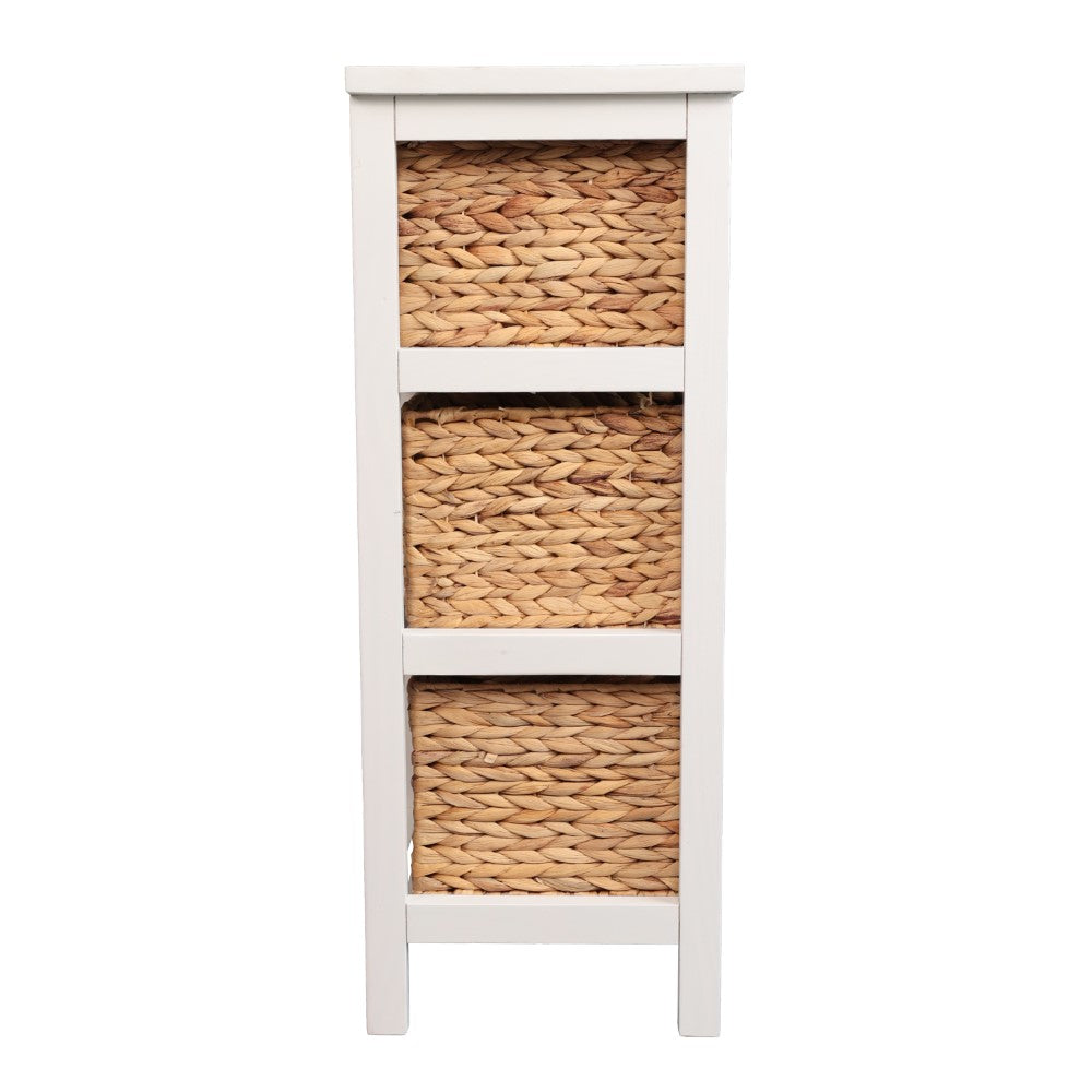 Noren 27.5 in. H Coastal Handcrafted Pine Wood 3-Tier Storage Cabinet with 3 Water Hyacinth Woven Baskets