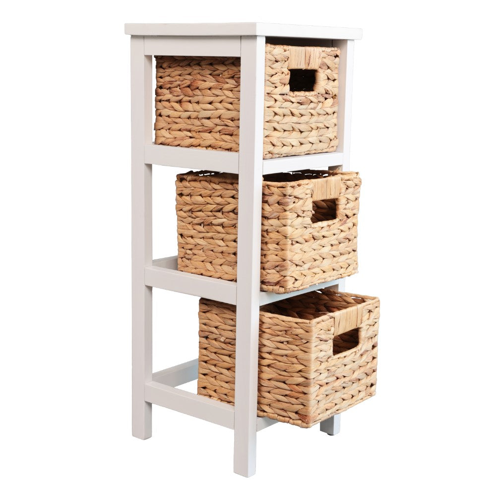 Noren 27.5 in. H Coastal Handcrafted Pine Wood 3-Tier Storage Cabinet with 3 Water Hyacinth Woven Baskets