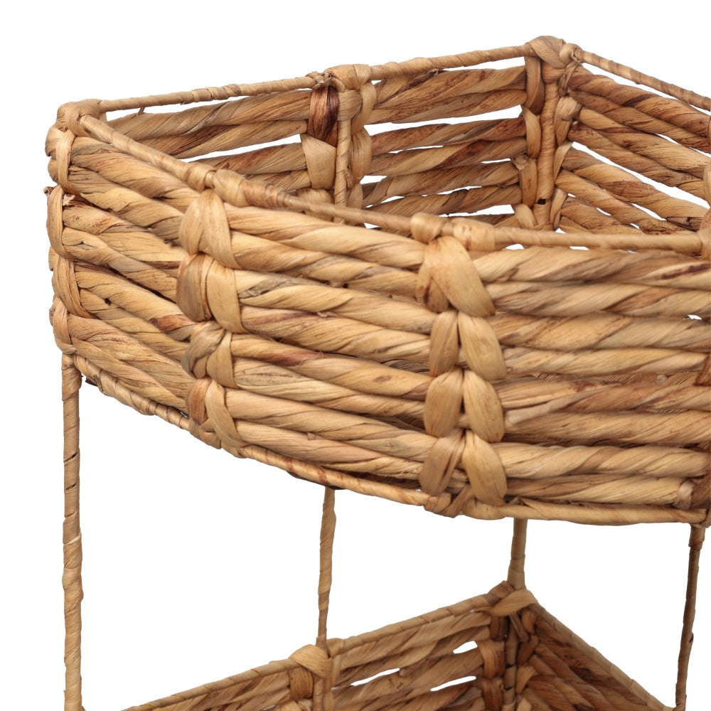 Cirel 32.5 in. H Coastal Handwoven Water Hyacinth 3-Tier Corner Freestanding Storage Rack with Metal Frame