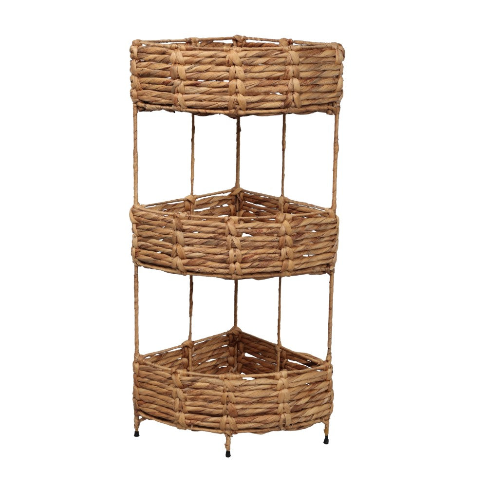 Cirel 32.5 in. H Coastal Handwoven Water Hyacinth 3-Tier Corner Freestanding Storage Rack with Metal Frame