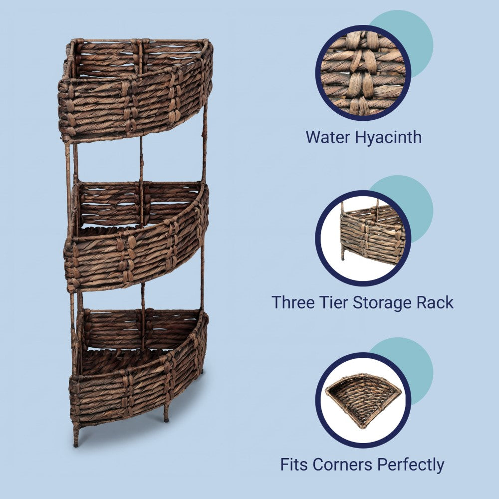 Cirel 32.5 in. H Coastal Handwoven Water Hyacinth 3-Tier Corner Freestanding Storage Rack with Metal Frame