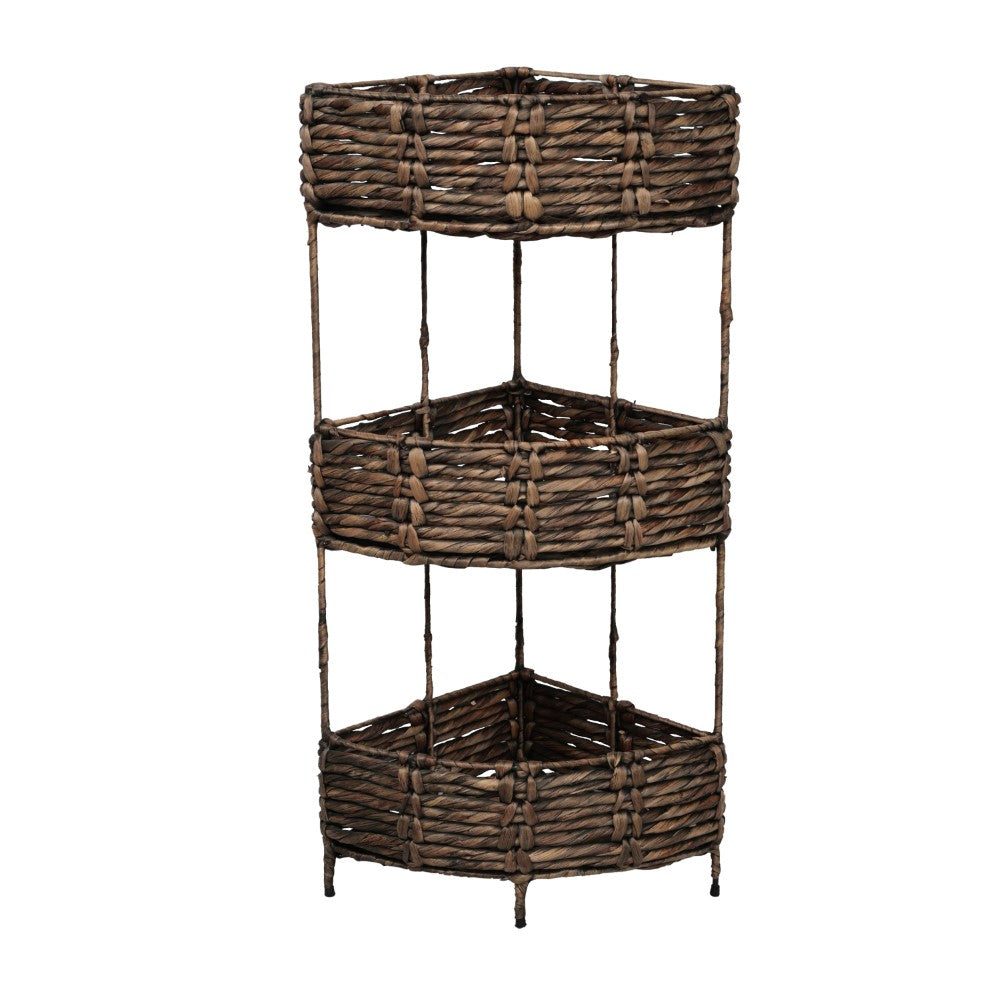Cirel 32.5 in. H Coastal Handwoven Water Hyacinth 3-Tier Corner Freestanding Storage Rack with Metal Frame