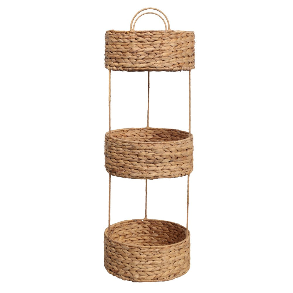 Lorven 35.5 in. H Coastal Handwoven Water Hyacinth 3-Tier Round Freestanding Storage Rack with Metal Frame and Handles
