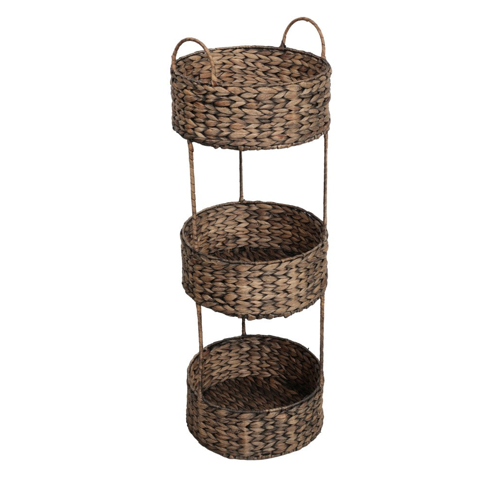 Lorven 35.5 in. H Coastal Handwoven Water Hyacinth 3-Tier Round Freestanding Storage Rack with Metal Frame and Handles