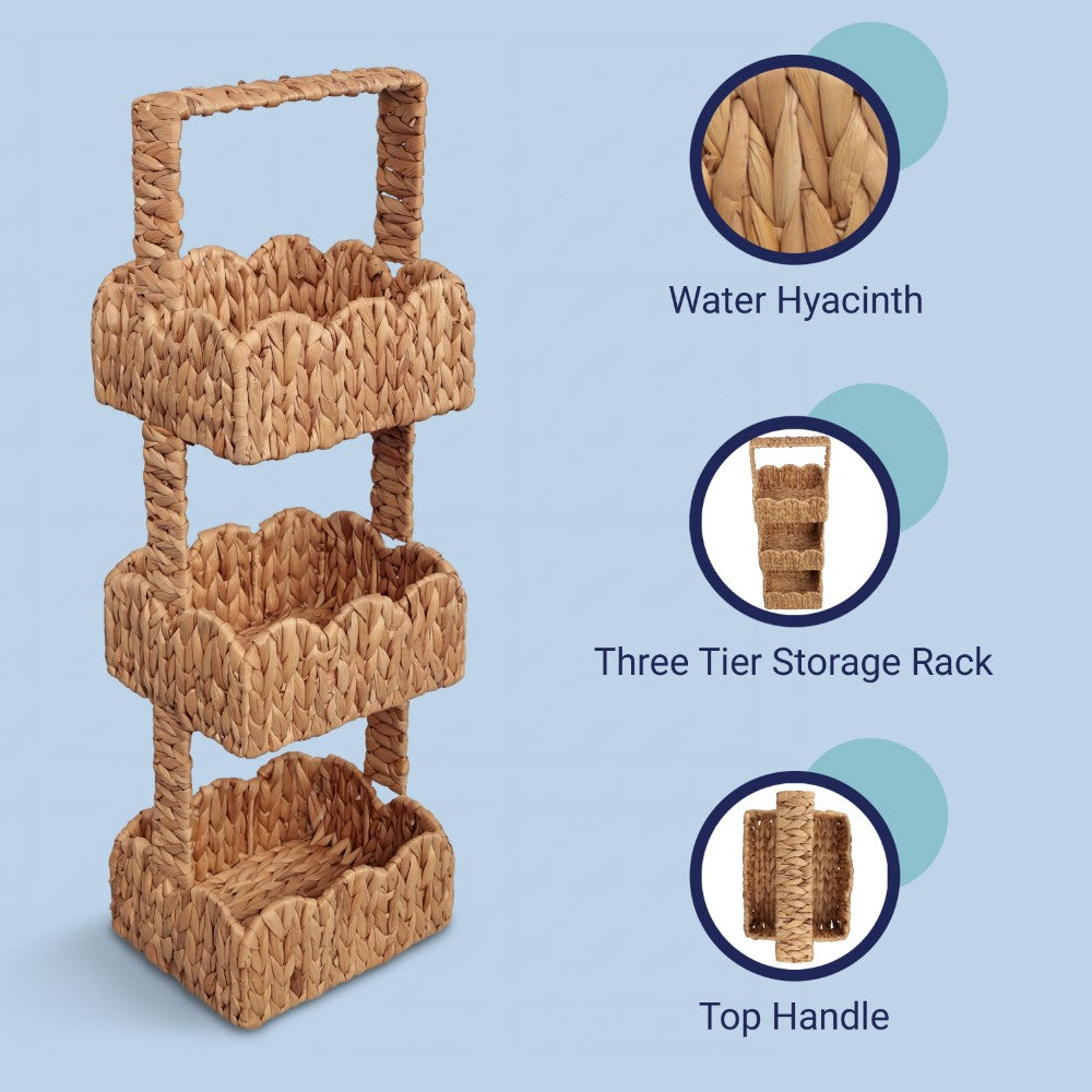 Vireon 35.5 in. H Coastal Handwoven Water Hyacinth 3-Tier Scalloped Basket Freestanding Storage Tower Stand with Top Handle