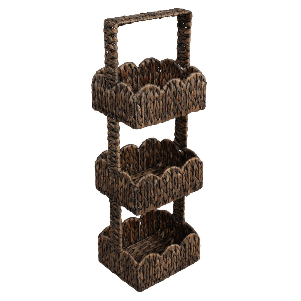 Vireon 35.5 in. H Coastal Handwoven Water Hyacinth 3-Tier Scalloped Basket Freestanding Storage Tower Stand with Top Handle