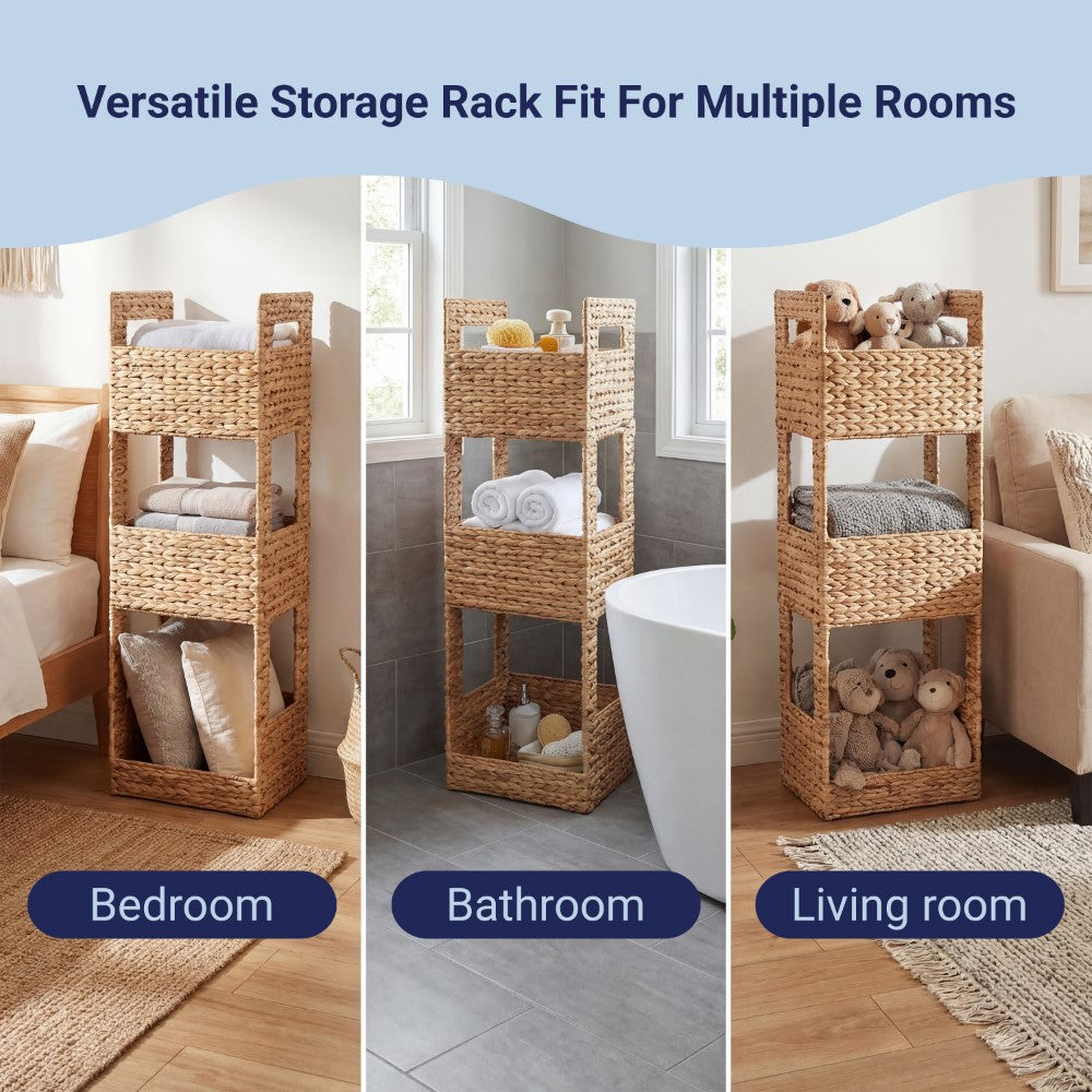 Olvara 35.5 in. H Coastal Handwoven Water Hyacinth 3-Tier Freestanding Storage Tower with Metal Frame and Handles