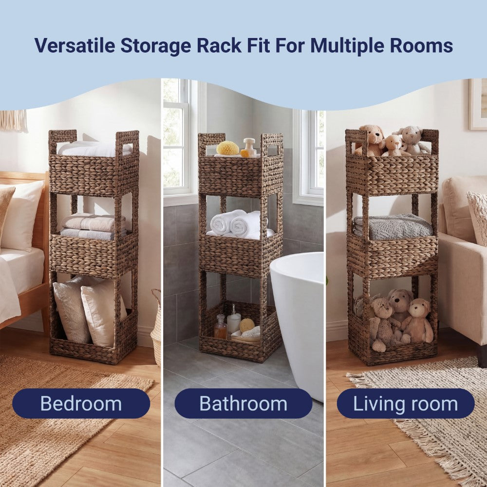 Olvara 35.5 in. H Coastal Handwoven Water Hyacinth 3-Tier Freestanding Storage Tower with Metal Frame and Handles