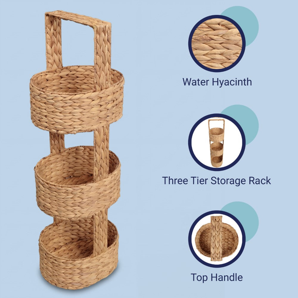 Havenor 35.5 in. H Coastal Handwoven Water Hyacinth 3-Tier Round Basket Freestanding Storage Tower Stand with Top Handle