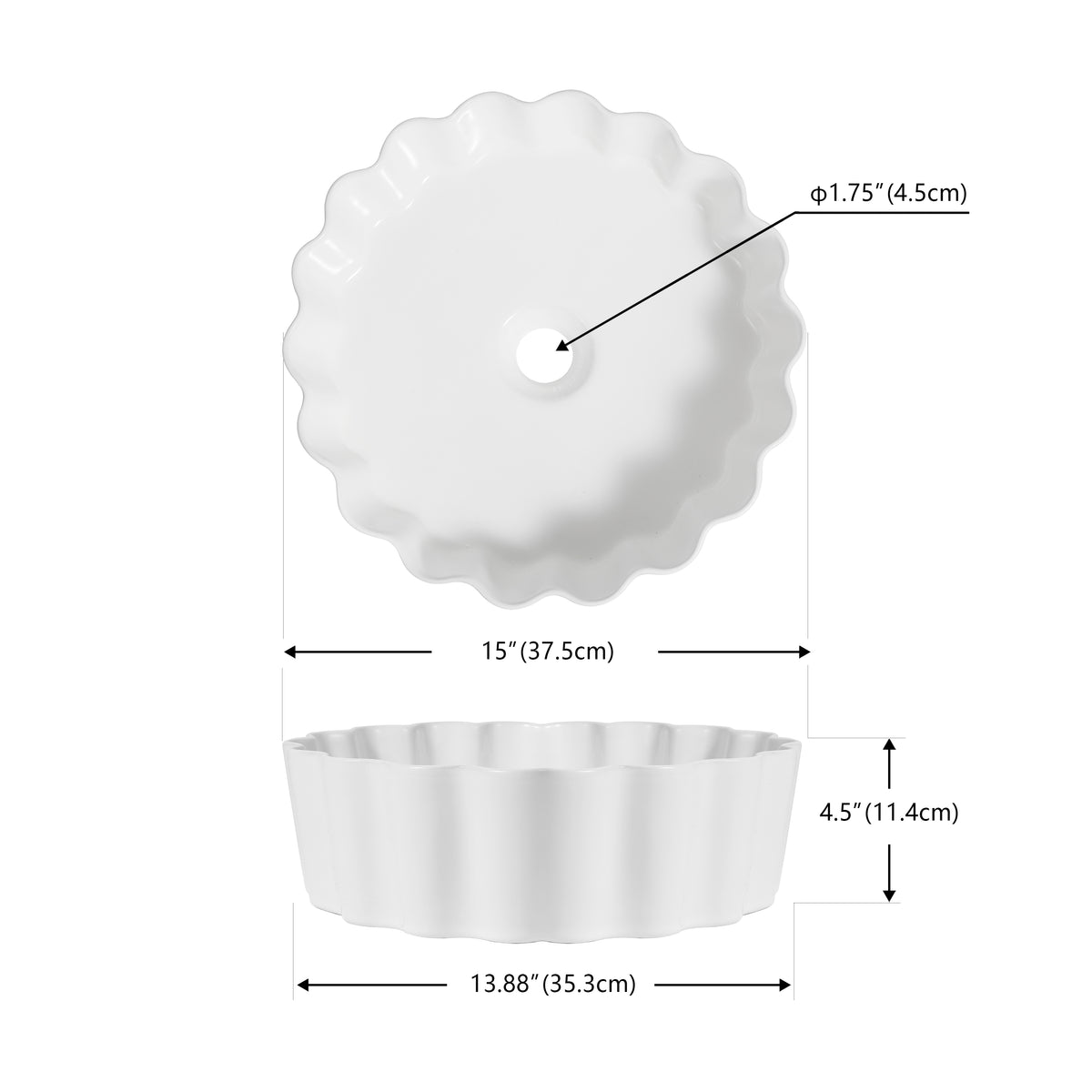 Aquo 15 in. Round Art Deco Contemporary Scalloped Ceramic Bathroom Vessel Sink