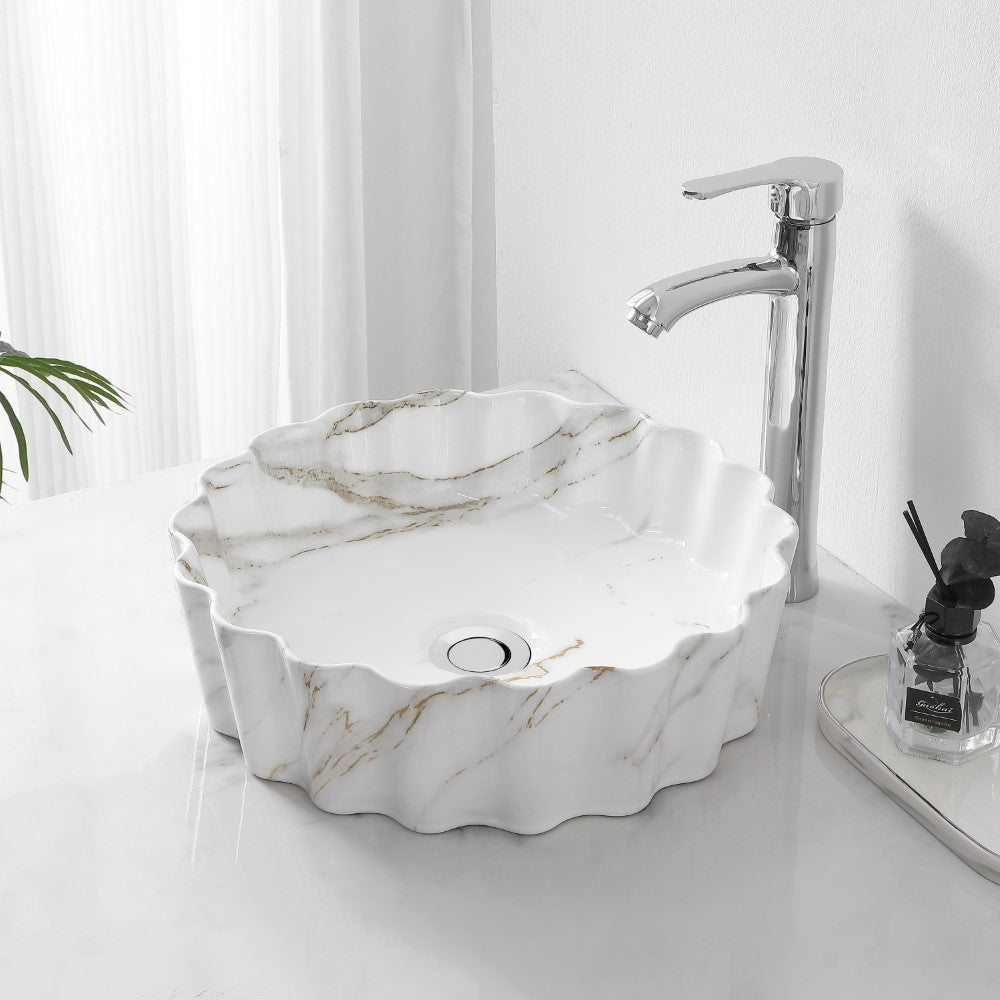 Aquo 15 in. Round Art Deco Contemporary Scalloped Ceramic Bathroom Vessel Sink