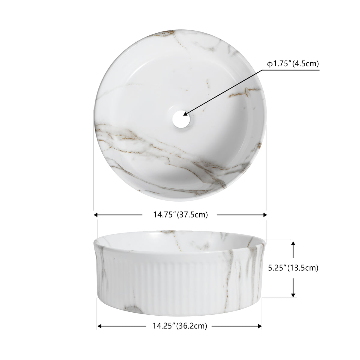 Savo 14.75 in. W x 14.75 in. D Modern Designer Round Fluted Ceramic Bathroom Vessel Sink