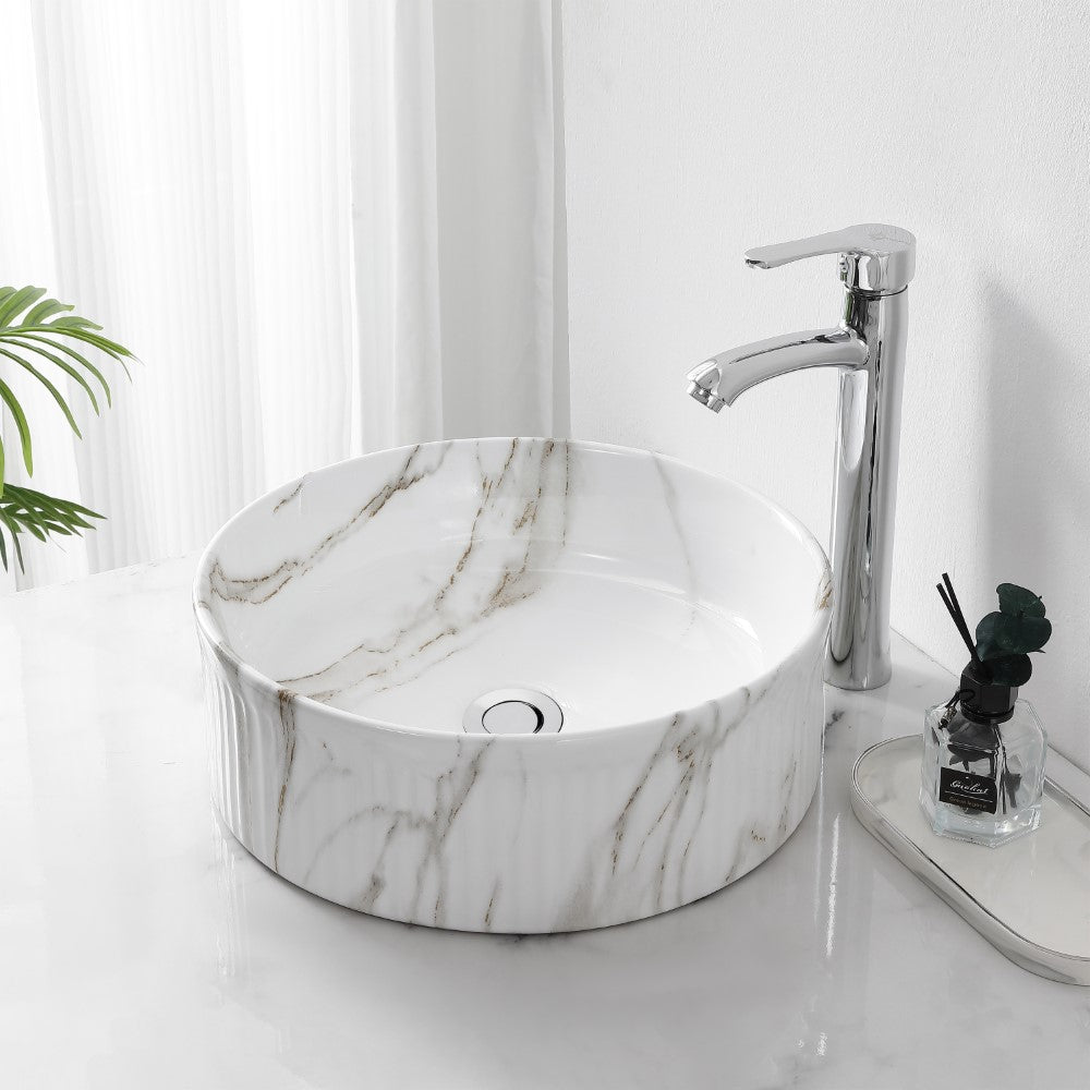 Savo 14.75 in. W x 14.75 in. D Modern Designer Round Fluted Ceramic Bathroom Vessel Sink