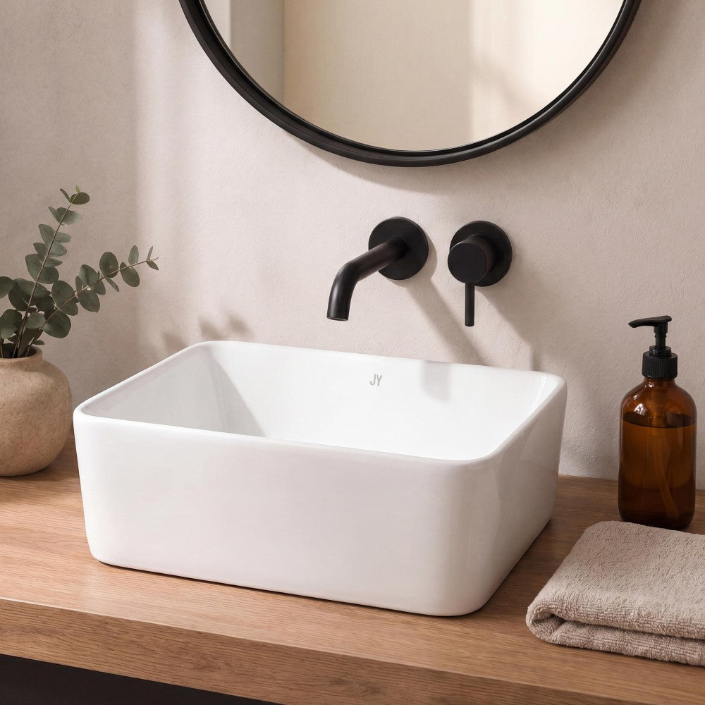 Settee 16 in. W x 12 in. D Modern Rectangular High-Gloss Ceramic Above Counter Vessel Bathroom Vanity Sink Basin
