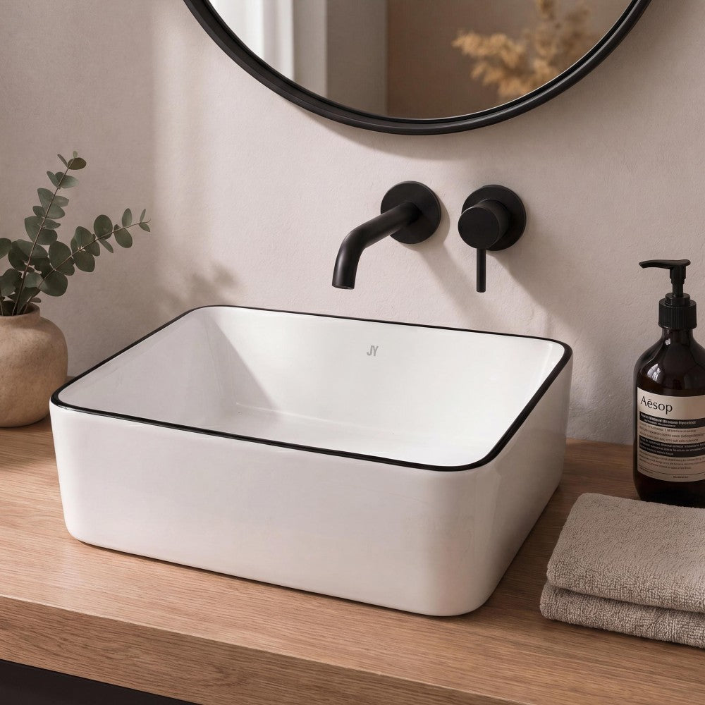 Settee 16 in. W x 12 in. D Modern Rectangular High-Gloss Ceramic Above Counter Vessel Bathroom Vanity Sink Basin