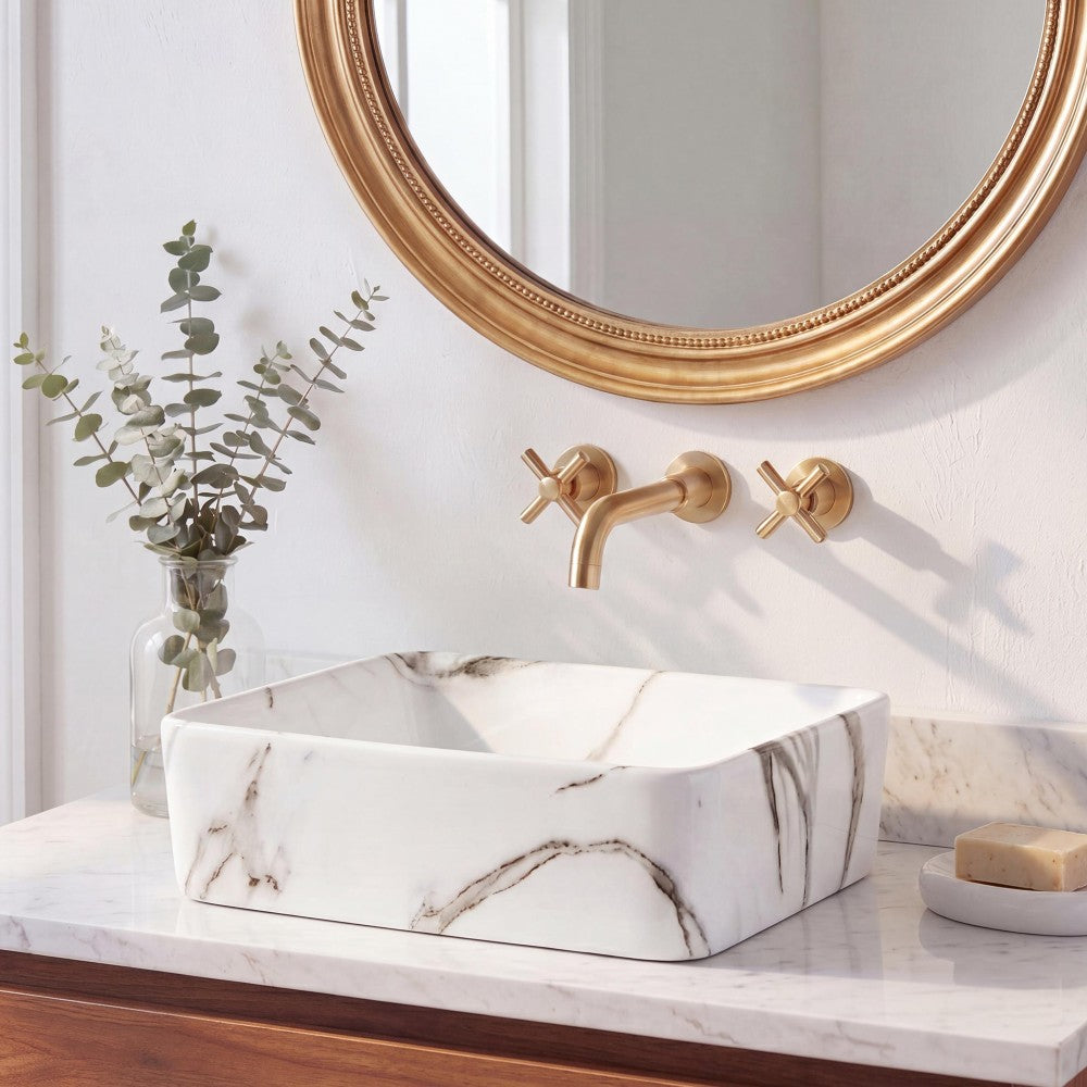 Settee 16 in. W x 12 in. D Modern Rectangular High-Gloss Ceramic Above Counter Vessel Bathroom Vanity Sink Basin