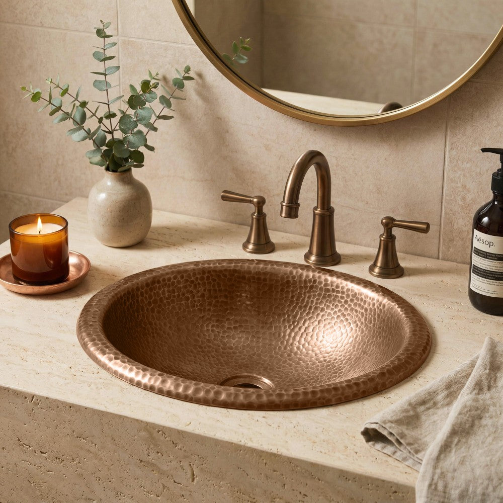 Loveseat 17 in. Oval Bowl Rustic Pure Copper Hand-Hammered Drop-In/Above Counter Bathroom Vanity Sink