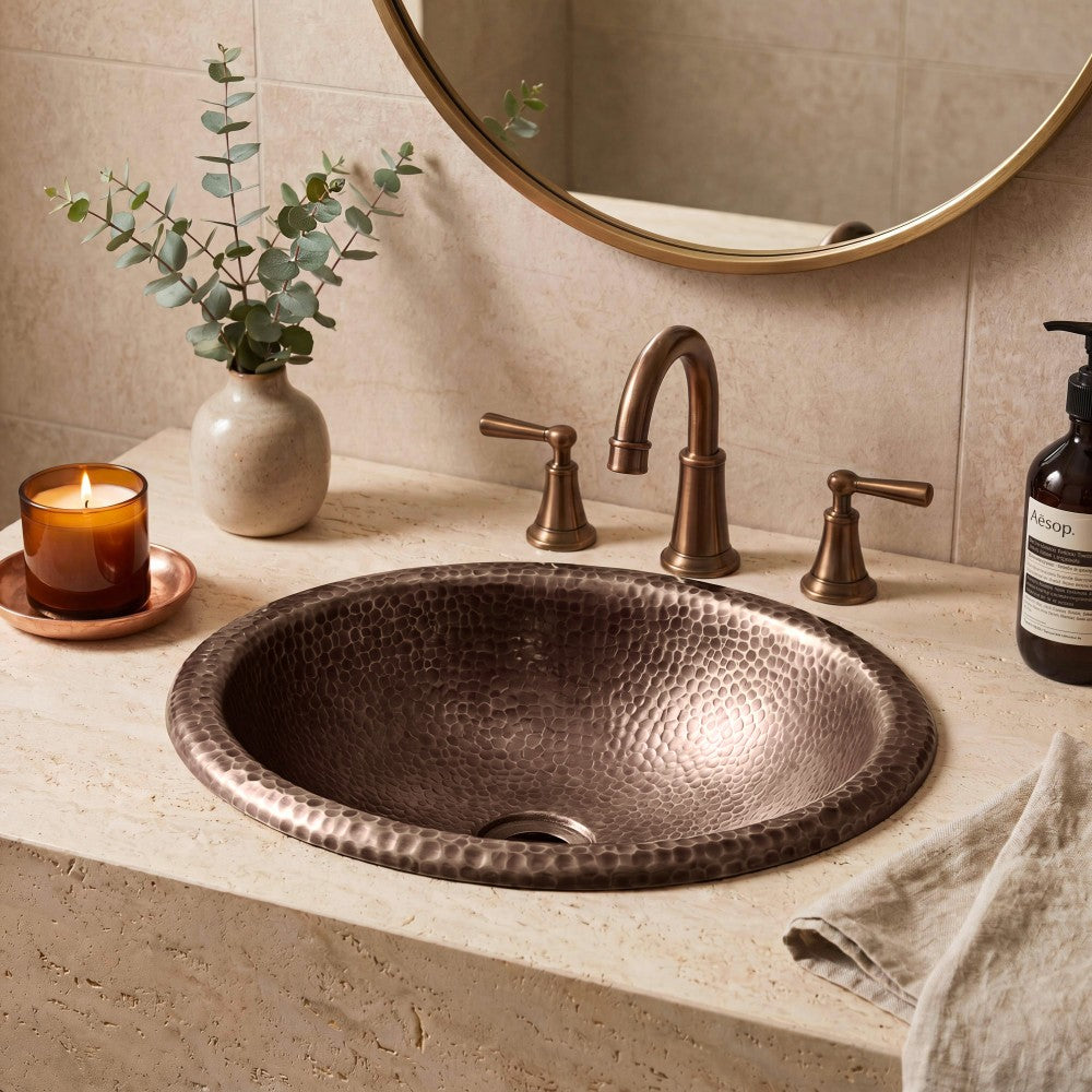 Loveseat 17 in. Oval Bowl Rustic Pure Copper Hand-Hammered Drop-In/Above Counter Bathroom Vanity Sink