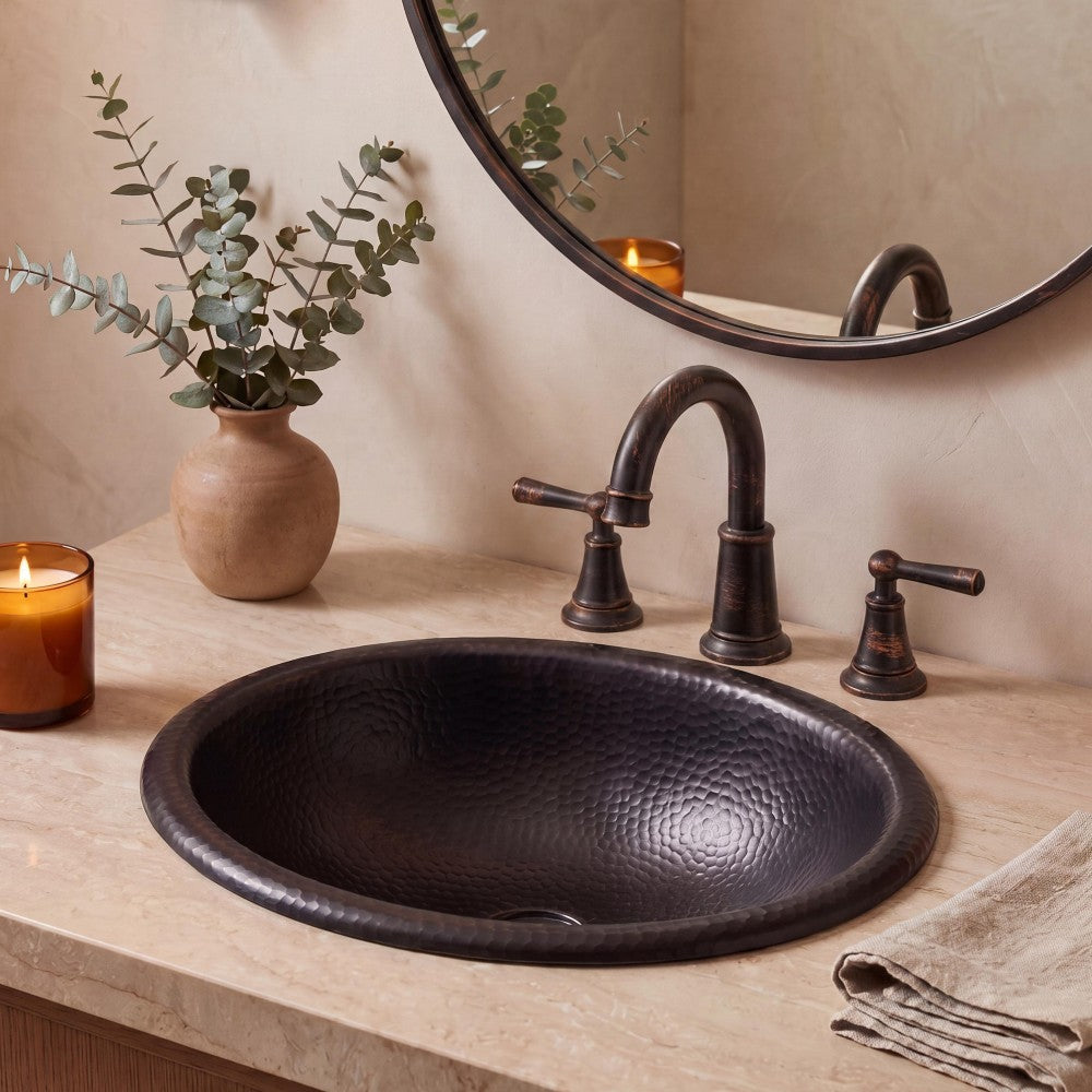 Loveseat 17 in. Oval Bowl Rustic Pure Copper Hand-Hammered Drop-In/Above Counter Bathroom Vanity Sink