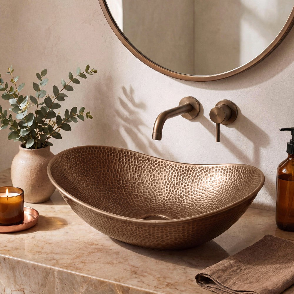 Aspen 19 in. Boat-Shaped Rustic Pure Copper Hand-Hammered Above Counter Vessel Bathroom Vanity Sink