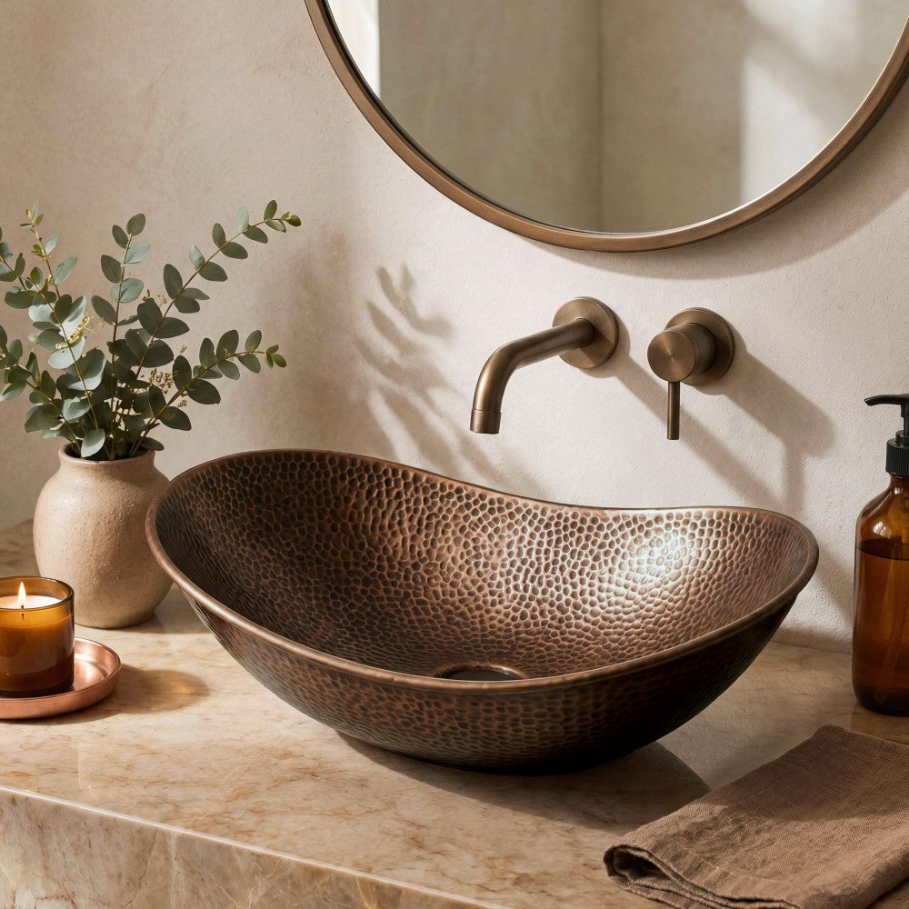 Aspen 19 in. Boat-Shaped Rustic Pure Copper Hand-Hammered Above Counter Vessel Bathroom Vanity Sink