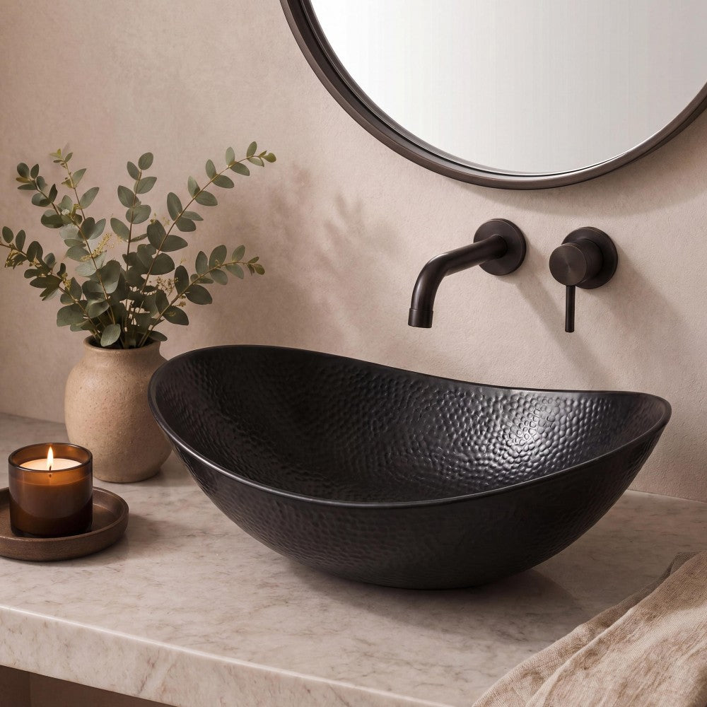 Aspen 19 in. Boat-Shaped Rustic Pure Copper Hand-Hammered Above Counter Vessel Bathroom Vanity Sink