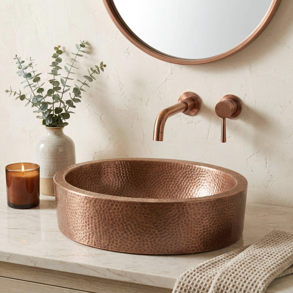 Willow 17 in. Skirted Oval Bowl Pure Copper Hand-Hammered Above Counter Vessel Bathroom Vanity Sink