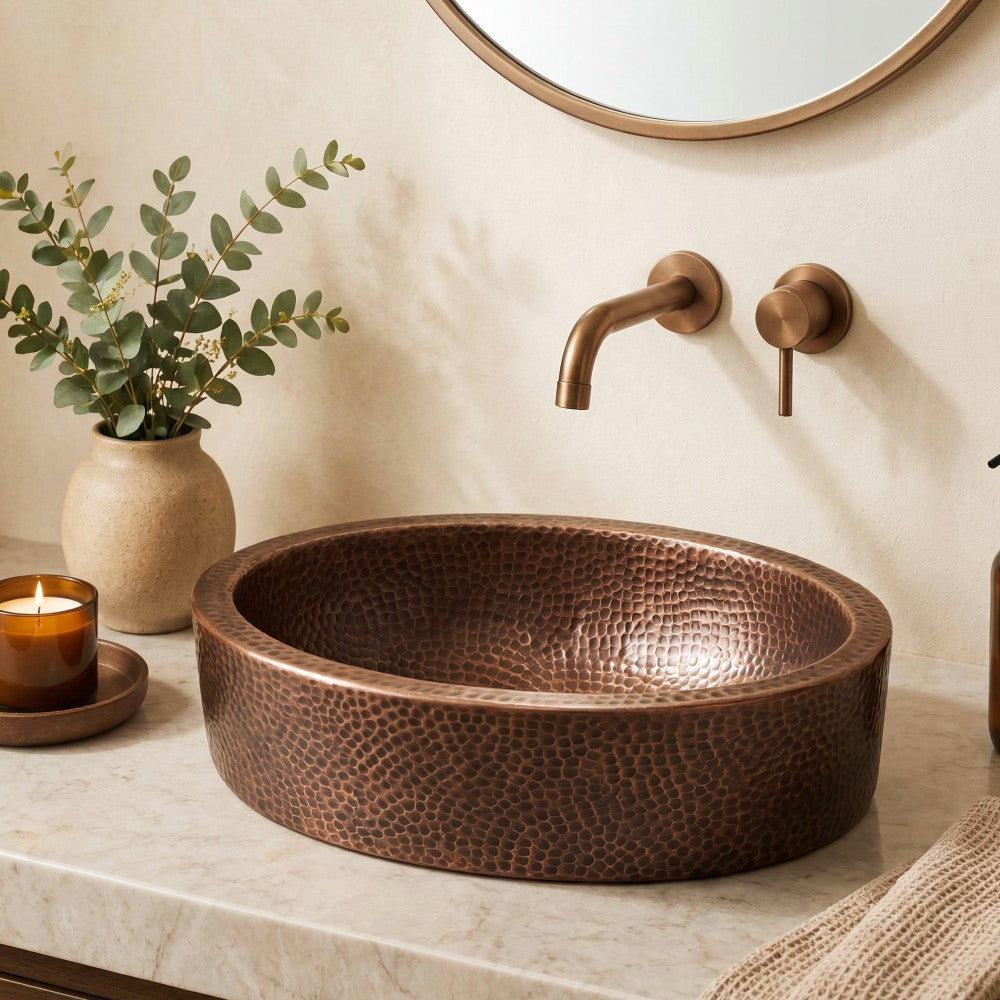 Willow 17 in. Skirted Oval Bowl Pure Copper Hand-Hammered Above Counter Vessel Bathroom Vanity Sink