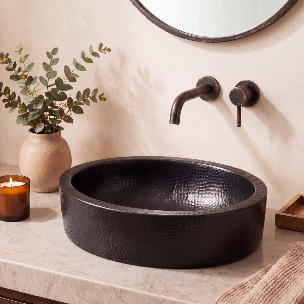Willow 17 in. Skirted Oval Bowl Pure Copper Hand-Hammered Above Counter Vessel Bathroom Vanity Sink