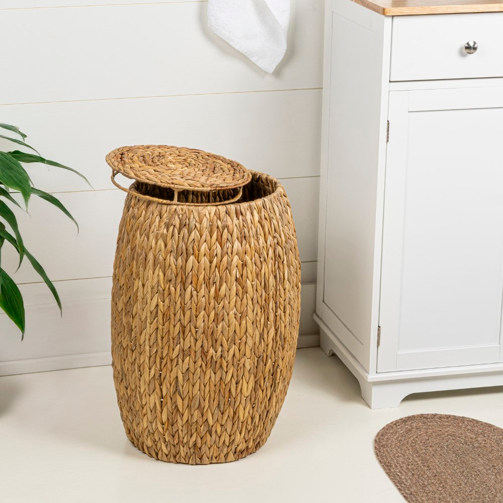 Bay 21.06" Coastal Bohemian Handwoven Hyacinth Barrel Storage Stool with Lid