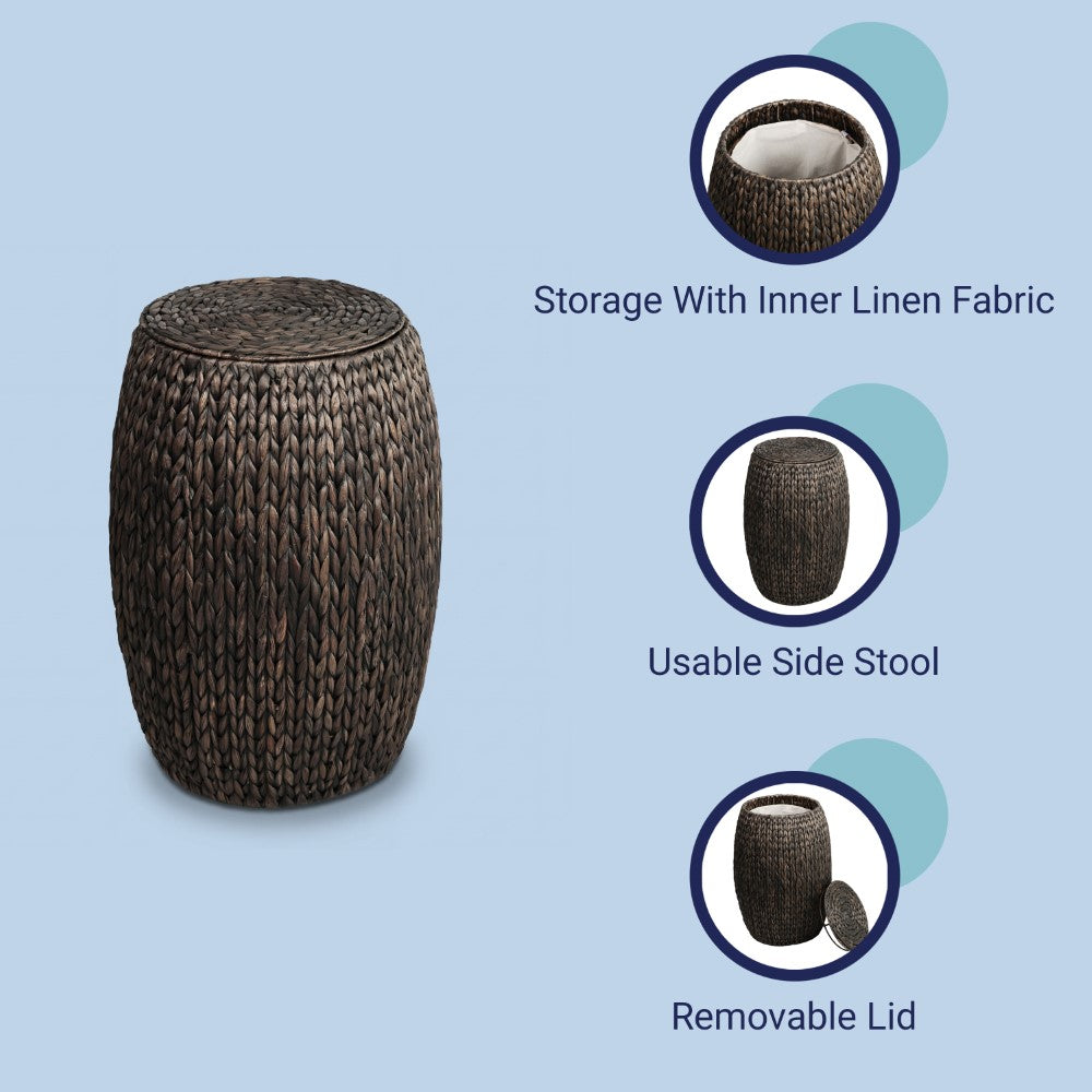 Bay 21.06" Coastal Bohemian Handwoven Hyacinth Barrel Storage Stool with Lid