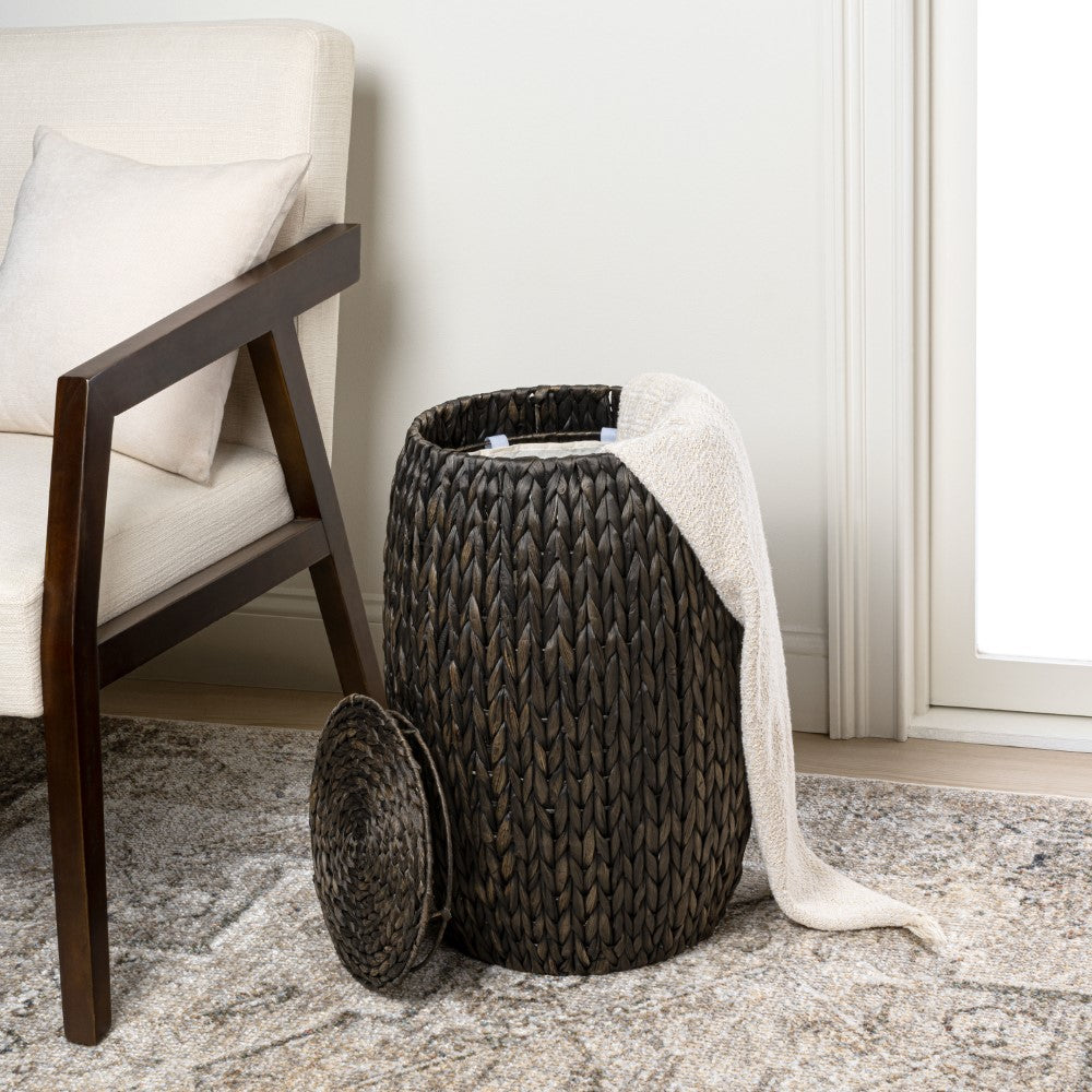 Bay 21.06" Coastal Bohemian Handwoven Hyacinth Barrel Storage Stool with Lid