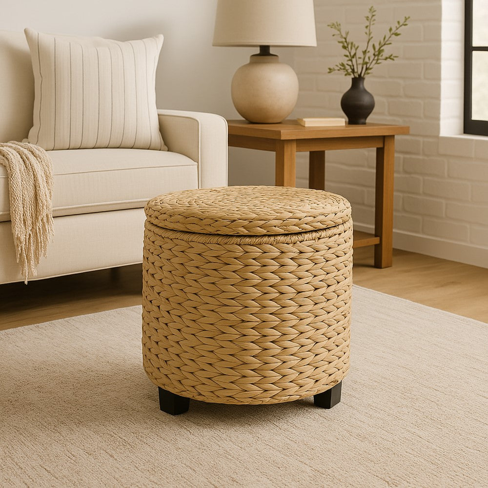 Addie 17.72" Modern Coastal Handwoven Water Hyacinth Storage Ottoman with Lid