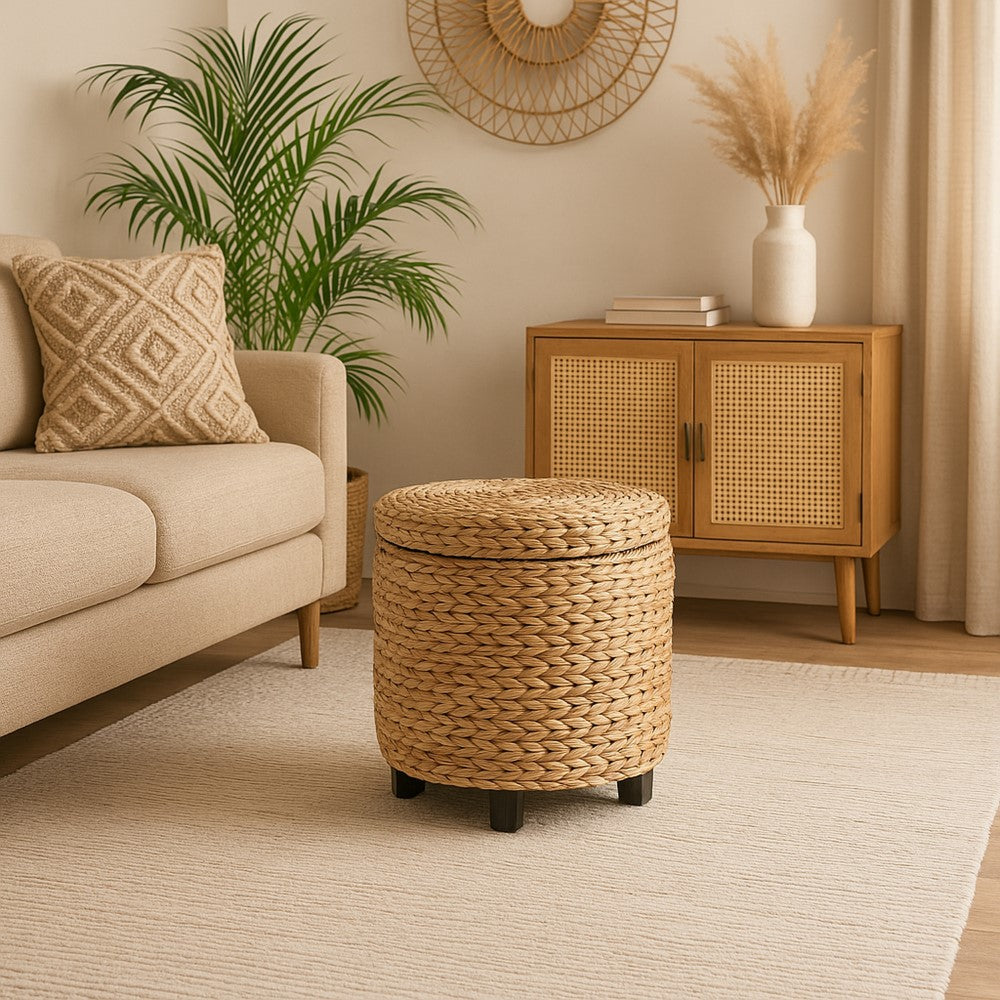 Addie 17.72" Modern Coastal Handwoven Water Hyacinth Storage Ottoman with Lid