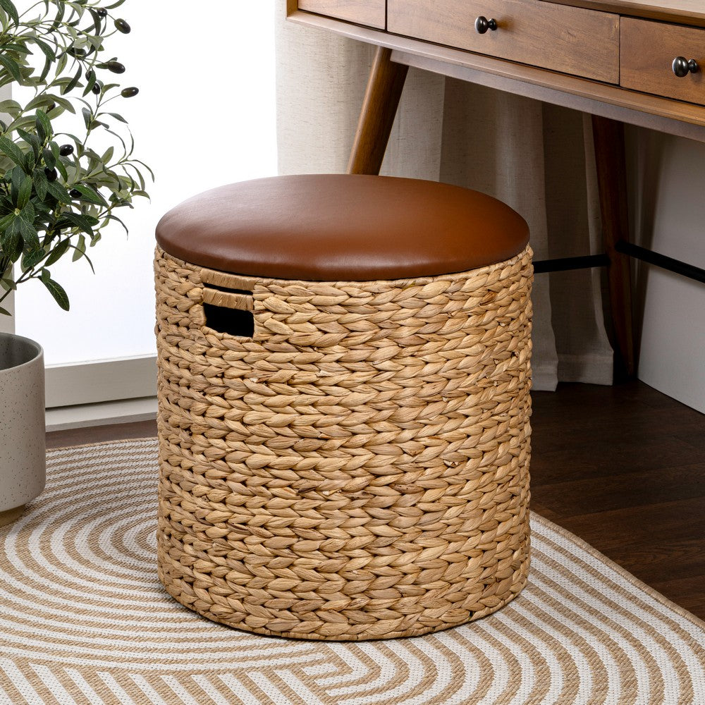 Josie 18" Modern Coastal Hand-Woven Hyacinth Storage Ottoman with Lid
