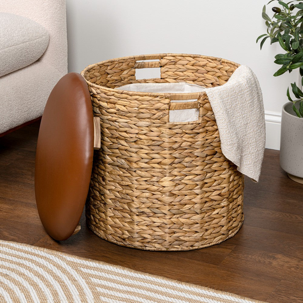 Josie 18" Modern Coastal Hand-Woven Hyacinth Storage Ottoman with Lid