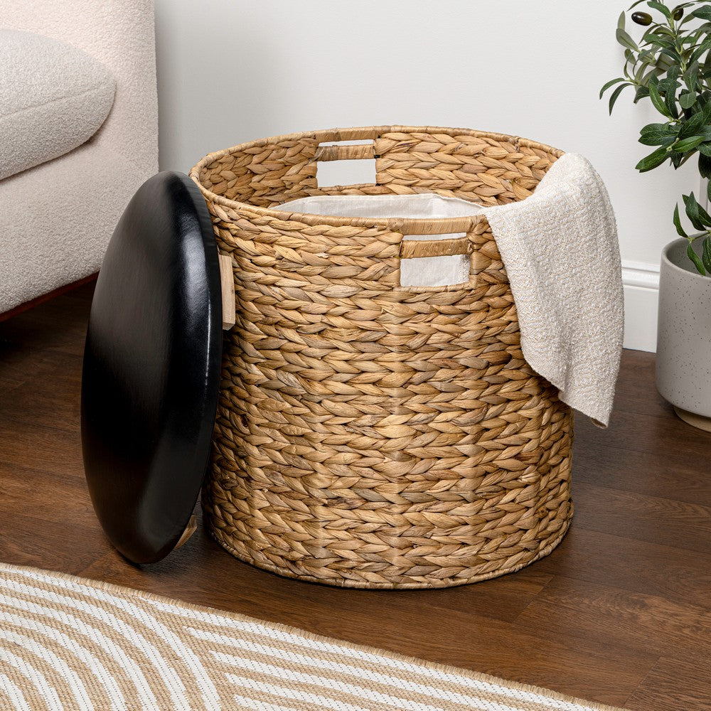 Josie 18" Modern Coastal Hand-Woven Hyacinth Storage Ottoman with Lid