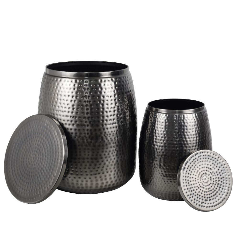 Merida Modern Rustic 2-Piece Hammered Metal Drum Storage Side Tables with Lids