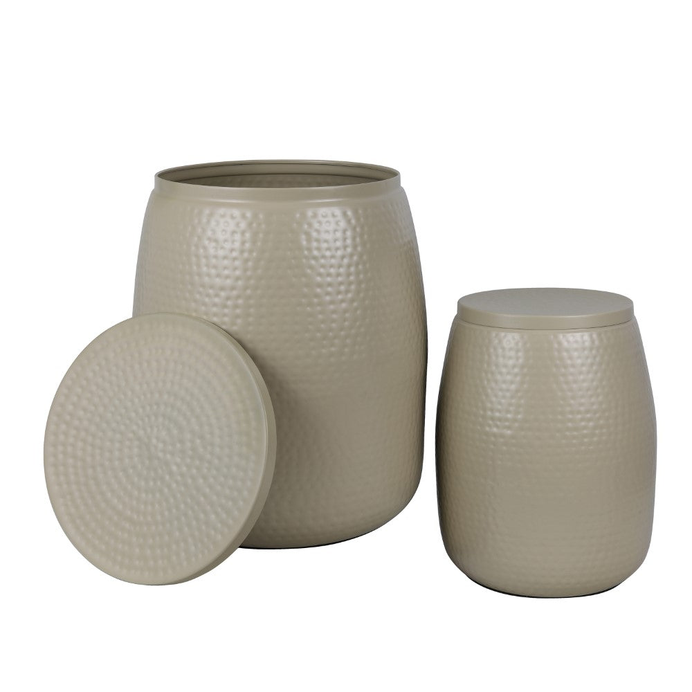Merida Modern Rustic 2-Piece Hammered Metal Drum Storage Side Tables with Lids
